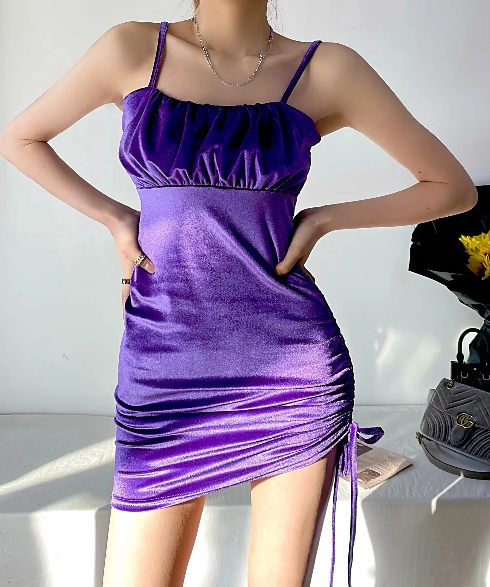 

Suspender dress 2021 spring summer cross suspender skirt women's one side Drawstring Velvet Dress