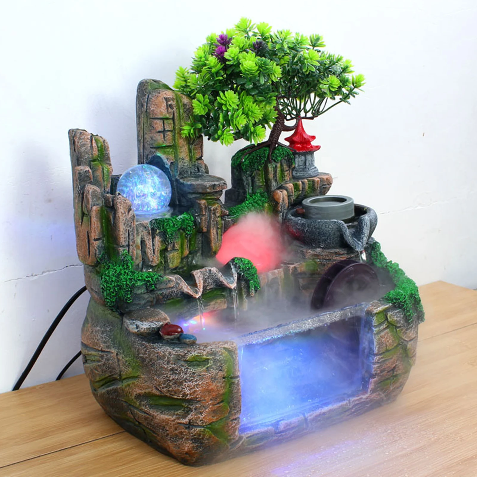 

Seven-color Lighting Desktop Fountain Mini Silent Indoor Outdoor Waterfall Fountain Creative Rockery Water Fountain Decoration
