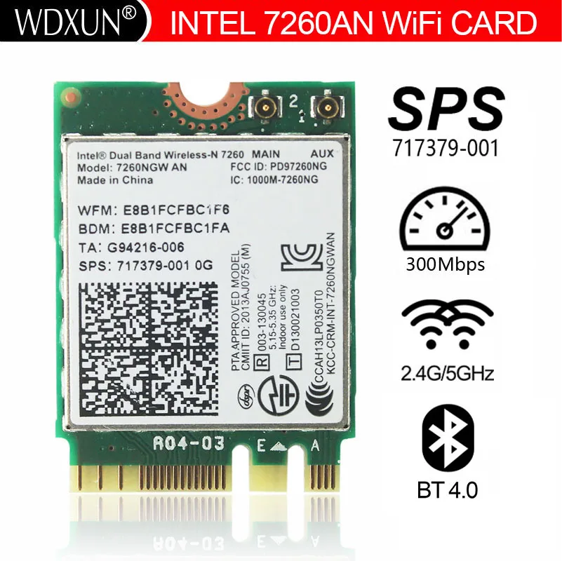Двухдиапазонная беспроводная карта Intel Dual Band Wireless-N 7260NGWAN 7260NGW 7260AN SPS 717379-001 300 Мбит/с BT 4,0 NGFF M.2 Wi-Fi беспроводная карта для Elite Book