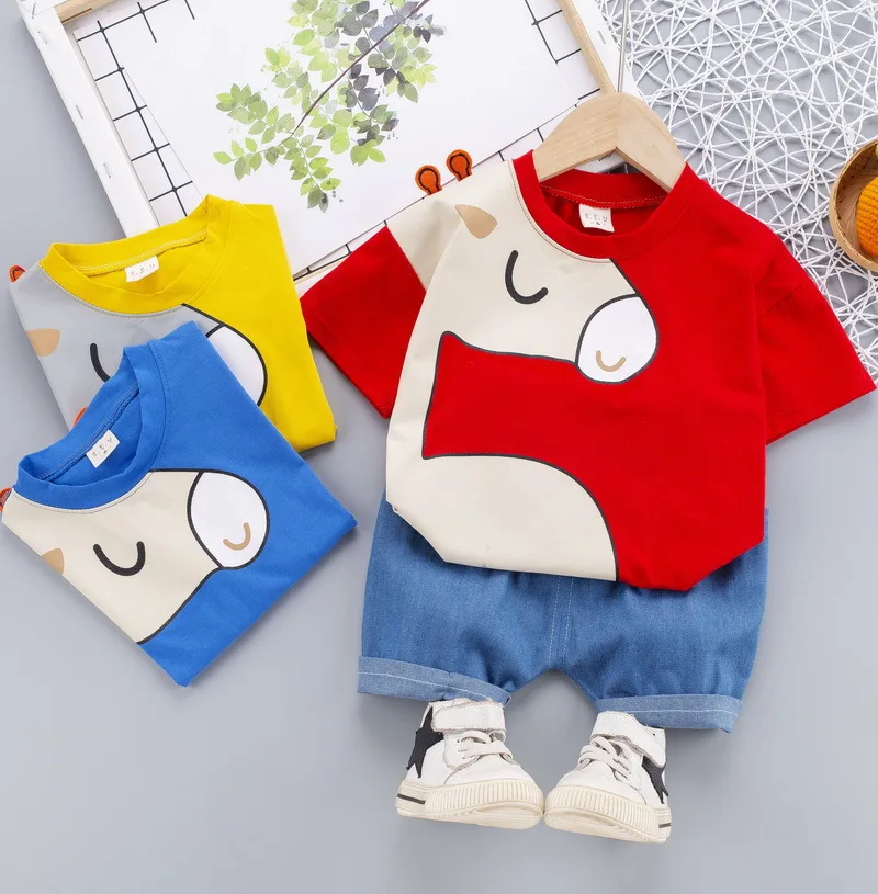 

100% cotton summer children's short sleeve Shorts Set T-shirt boys and girls 01234 cartoon giraffe cute set