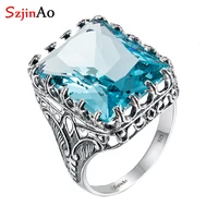 szjinao massive blue aquamarine ring women solid 925 silver 1821mm big stone rectangle antique vintage jewelry gift for wife