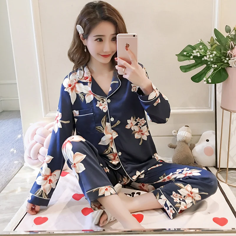 

Long Sleeve Silk Pajamas Spring Autumn 2020 Women Pajama Sets Print Cute Sleepwear Pyjamas Plus Size 3XL 4XL 5XL 85kg Nightwear