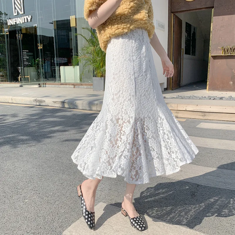 

С цветами платье с кружевами и длинными юбками Для женщин высокие эластичные талии элегантные Подкладка юбки «Русалочий хвост» в Корейском...