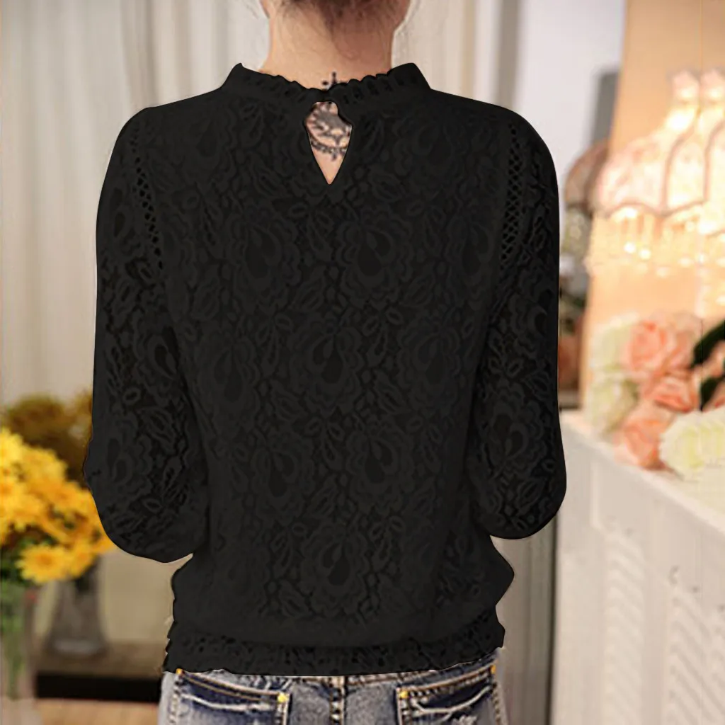 Женская футболка Осенняя Кружевная с длинным рукавом свободные топы высоким