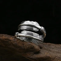 s925 sterling silver ring vintage thai personality silver rings for men and women opening feather jewelry