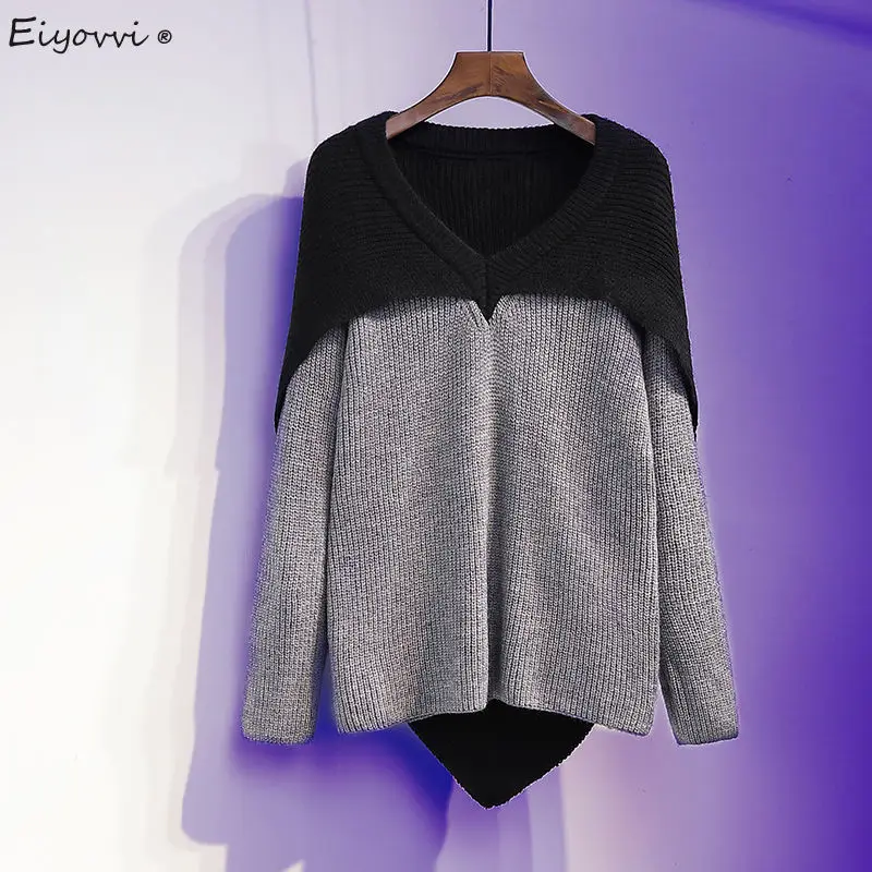

Women Sweater Autumn Winter New Contrast Color Splicing Fake Two-piece Pullover Shawl Sweaters Large Casual Fashion Sweaters