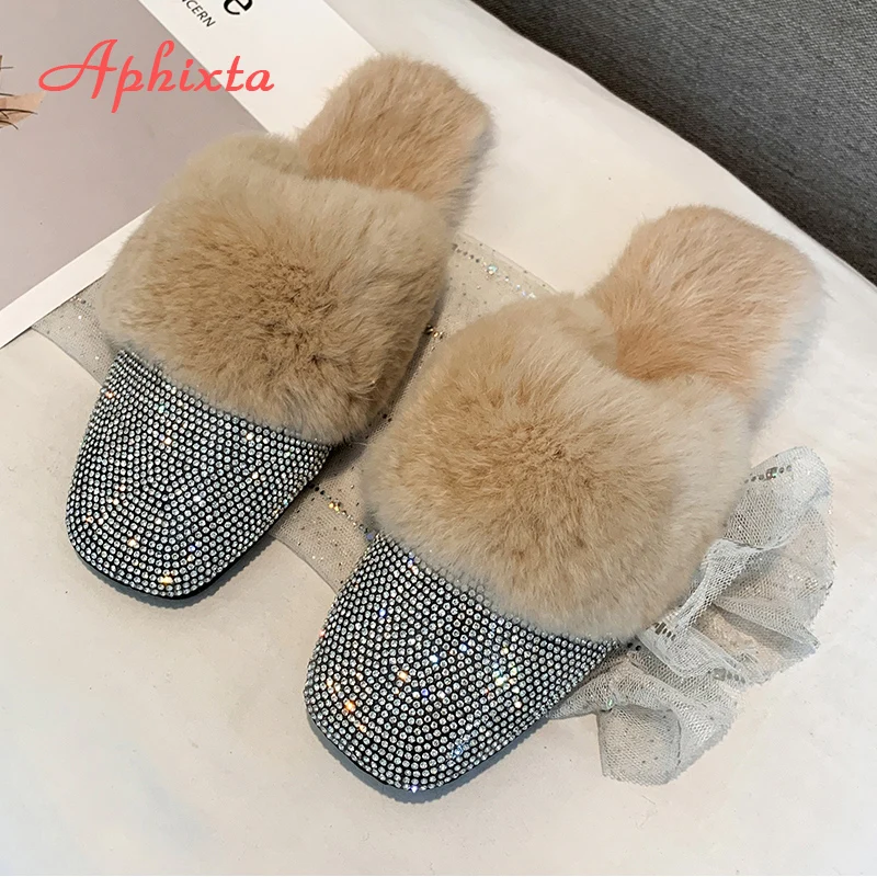 Aphixta/теплые зимние тапочки на натуральном меху; женские шлепанцы с украшением в виде кристаллов; женские пушистые тапочки; женская обувь на плоской подошве с кроличьим мехом
