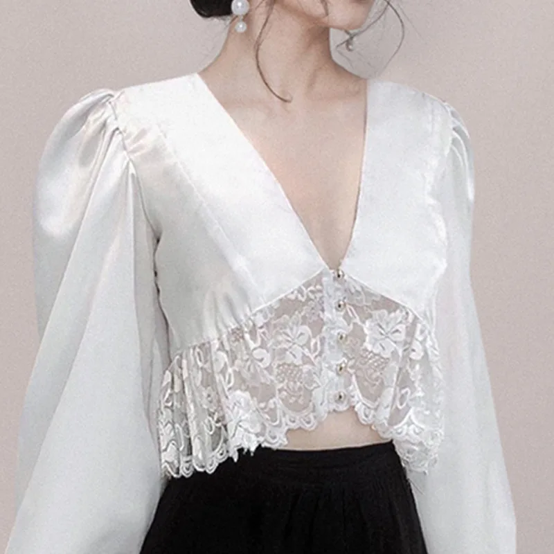 

DEAT Women White Patchwork Lace Chiffon Single Breased Blouse New V-neck Long Sleeve Slim Shirt Fashion Tide Summer 2021 7E0180