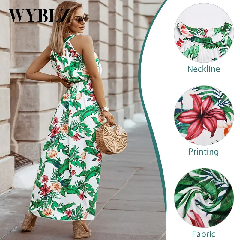 

WYBLZ Summer Women Dress 2021 Fashion Style Sexy Elegant Long Dresses Bohemian Retro Print Halter Belt Beach Sleeveless Sundress