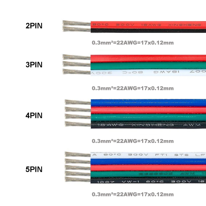 СВЕТОДИОДНЫЙ Электрический кабель 22AWG 0 3 мм 2pin/3Pin/4pin/5Pin удлинитель медного