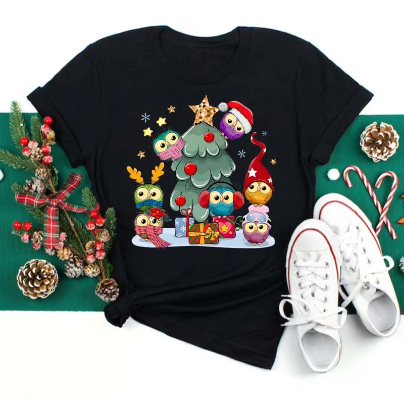

Women Cartoon Happy Holiday New Year Merry Christmas Tshirts Clothes Cute Owl Graphic Female Top T Shirt Ladies T-shirts