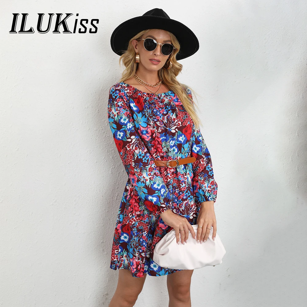 

Модное женское платье миди с длинным рукавом и цветочным принтом, осень 2021, элегантные платья трапециевидной формы с круглым вырезом и прин...