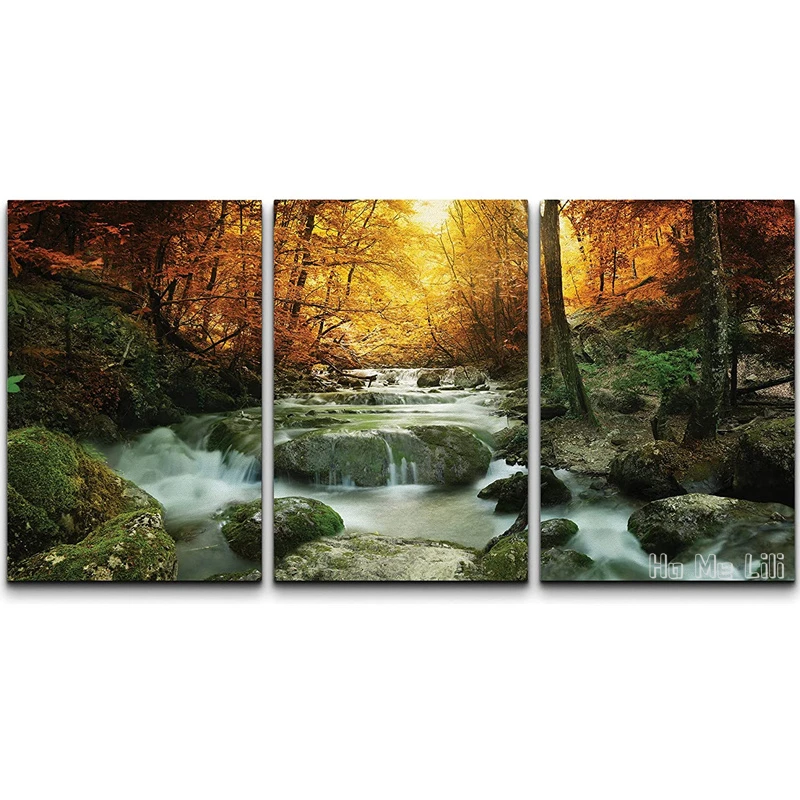 

Canva Print By Ho Me Lili Wall Art Sunlit Autumn Forest Waterfall Ravine Nature Wilderness Rustic Scenic Colorful For Room Decor