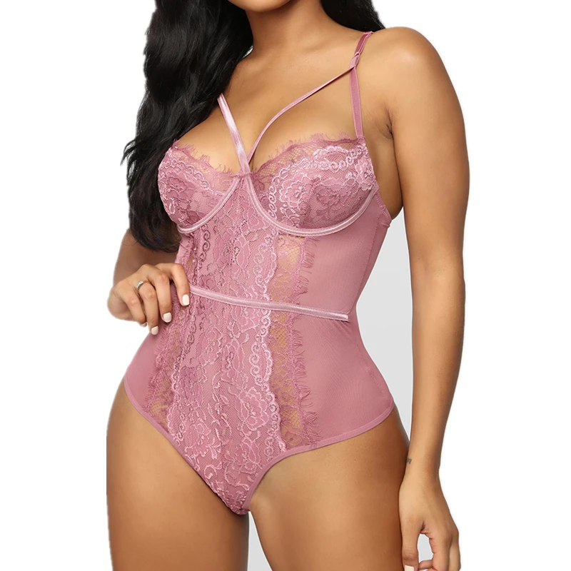 Ohyeahlady Bodycon Bodysuits Costume Sleeveless Mesh Patchwork Body Encaje Lace Perspective Sexy Women Hollow-out Fancy RJ80875