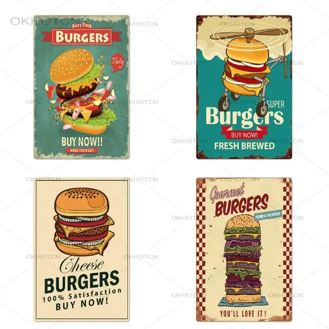 

Sign Plaque Metal Vintage Fast Food Tin Sign Wall Decor Hamburger Metal Burger Metal Signs(20x30cm) For Kitchen Cafe Diner Bar