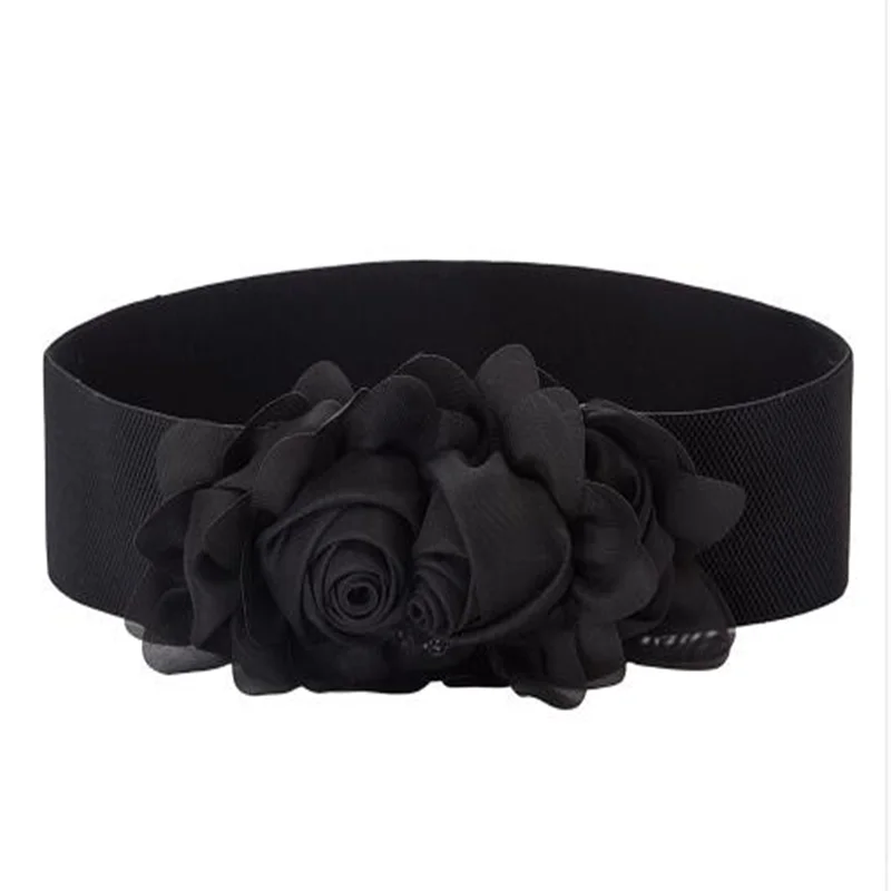 

Women Ladies Belts Cute Flower Decorated Stretchy Elegant Party Wedding Bridesmaid Retro Elastic Belt Waistband Black