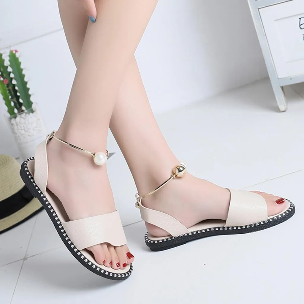 

Women Ladies Fashion Solid Round Toe Pearl Buckle Causal Sandals Shoes Rubber Round Toe Outdoor 2019