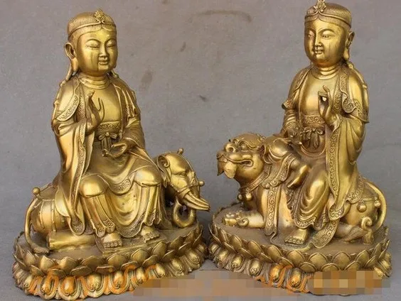 308 Тибетский буддизм латунь Manjuist WenShu PuXian GuanYin Статуя Льва слона | Дом и сад