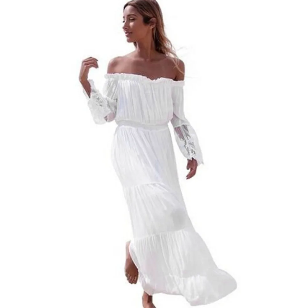 

Women Strapless Dress Sexy Beach Holiday Dress Summer Long Maxi Chiffon Lace White Dress Elegant 2020 Autumn Long Sleeve Dresses