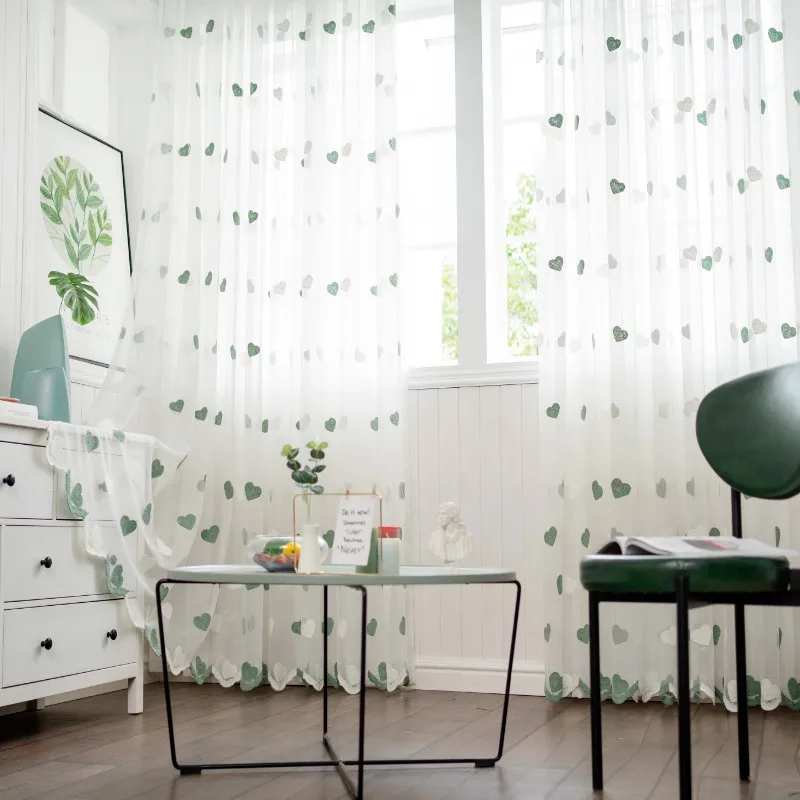 Korean Green Heart Tulle Curtain For Living Room Lovely Voile Sheer Kids Bedroom Bay Kitchen Window Panels X-JD1200 | Дом и сад