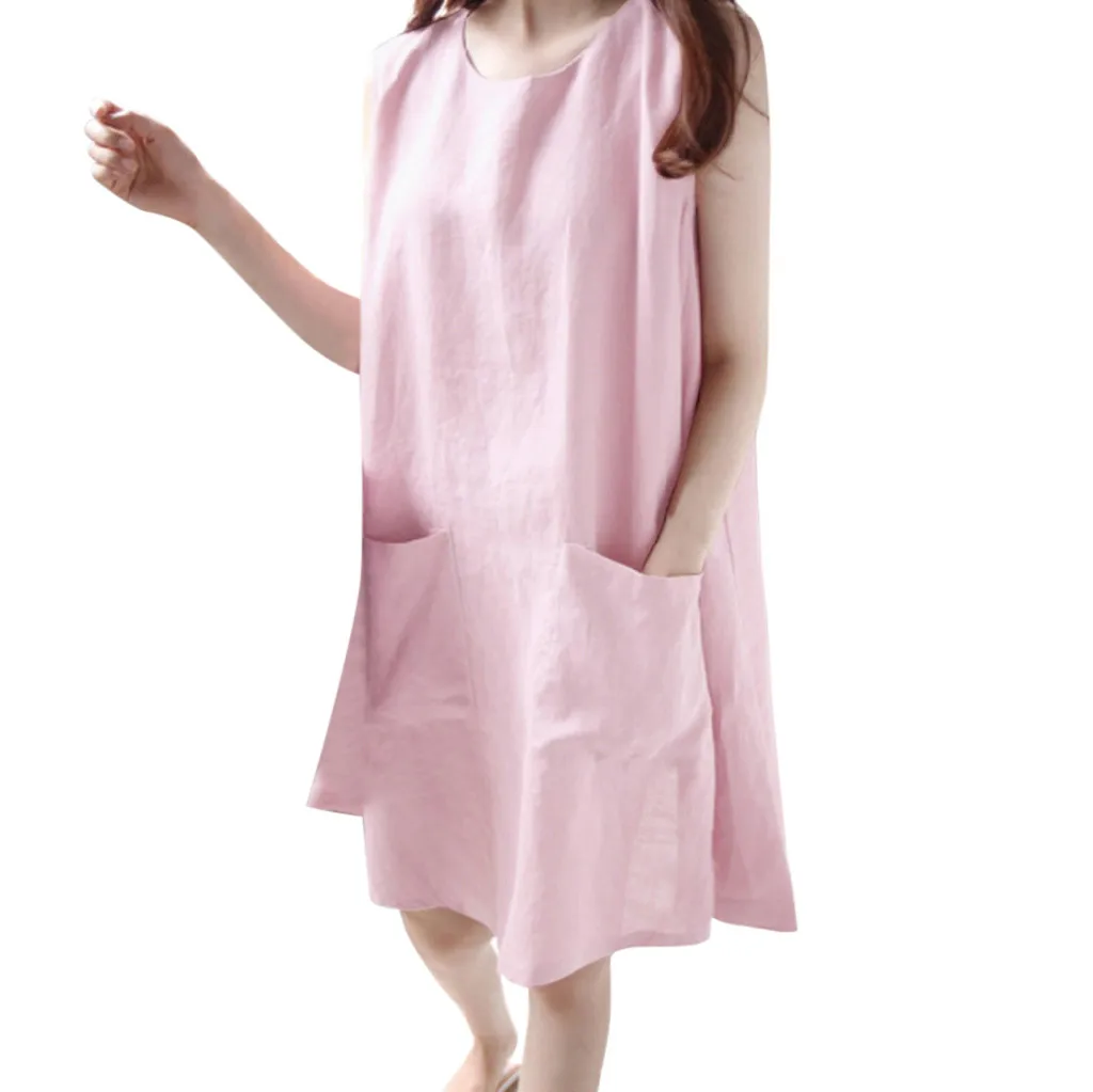 Summer Dress Women Cotton Linen Sleeveless Beach Solid Dress Casual Pocket Loose Dress Female Plus Size Dress Fashion Vestidos