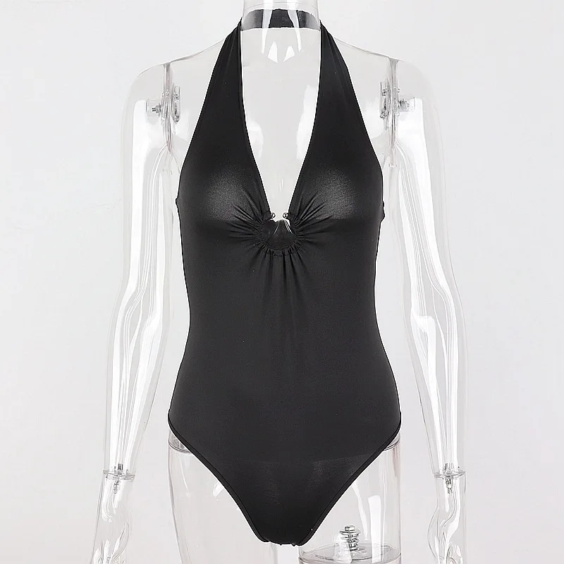 

Goth Dark Gothic Grunge Punk Black Bodycuits Sexy Backless Bodycon Summer Halter Bodysuit Sleeveless V-neck Metal Circle Clothes