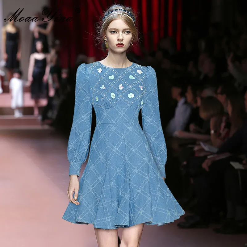 

Fashion Designer dress Autumn Women Dress O-Neck Lantern Sleeve Sequins Beading Casual Blue Denim Dress