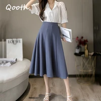 qooth solid womens mid length skirt spring summer korean style high waist slim skirt large swing a line all match skirt qt573