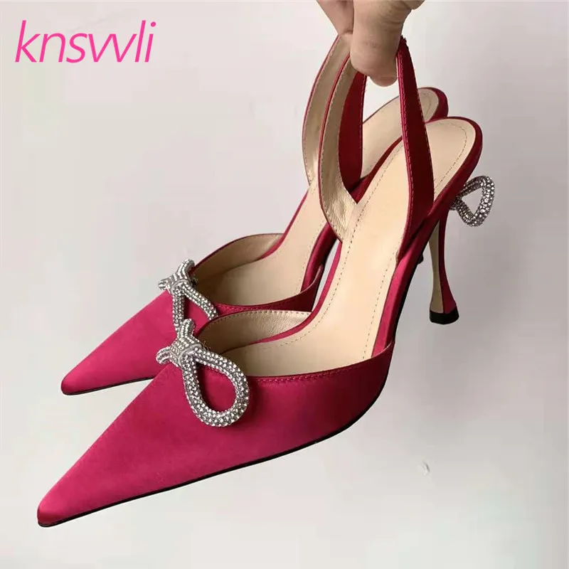 

Sexy Thin Heels Shoes Women Pumps Rhinestone Bowknot Slingbacks Ladies Satin Crystal Sandals High Heels Party Shoes Woman 2021