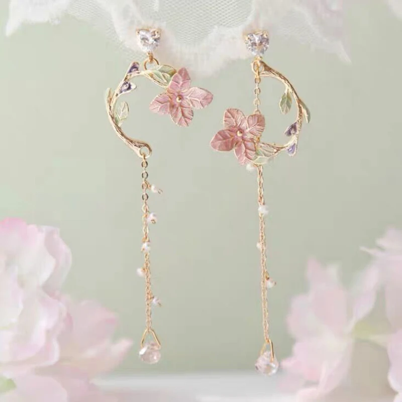 Японские и корейские милые длинные серьги-кисточки с розовыми цветами винтажные