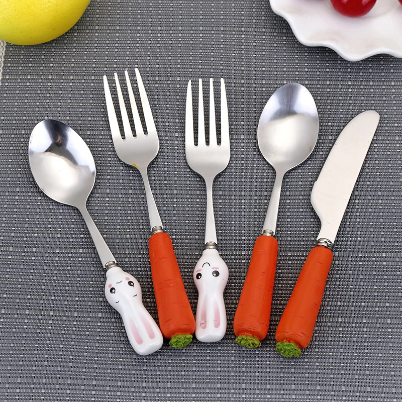 

Cute Carrot Rabbit Handle Baby Feeding Spoon Cutlery Kids Stainless Steel Spoon Fork Kids Utensils 1pc Portable Lunch Tableware