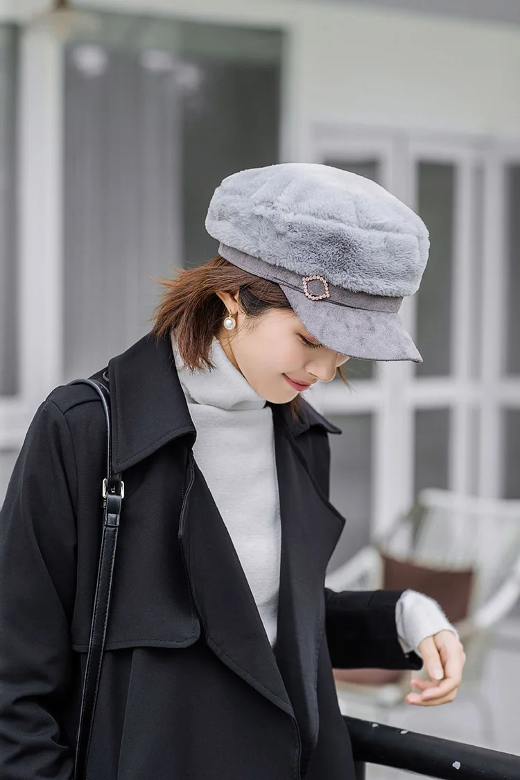 MAERSHEI/ Модные женские береты gorras, женская шапка в стиле милитари с кроличьим мехом, утолщенная теплая плоская кепка, восьмиугольные шапочки Newsboy