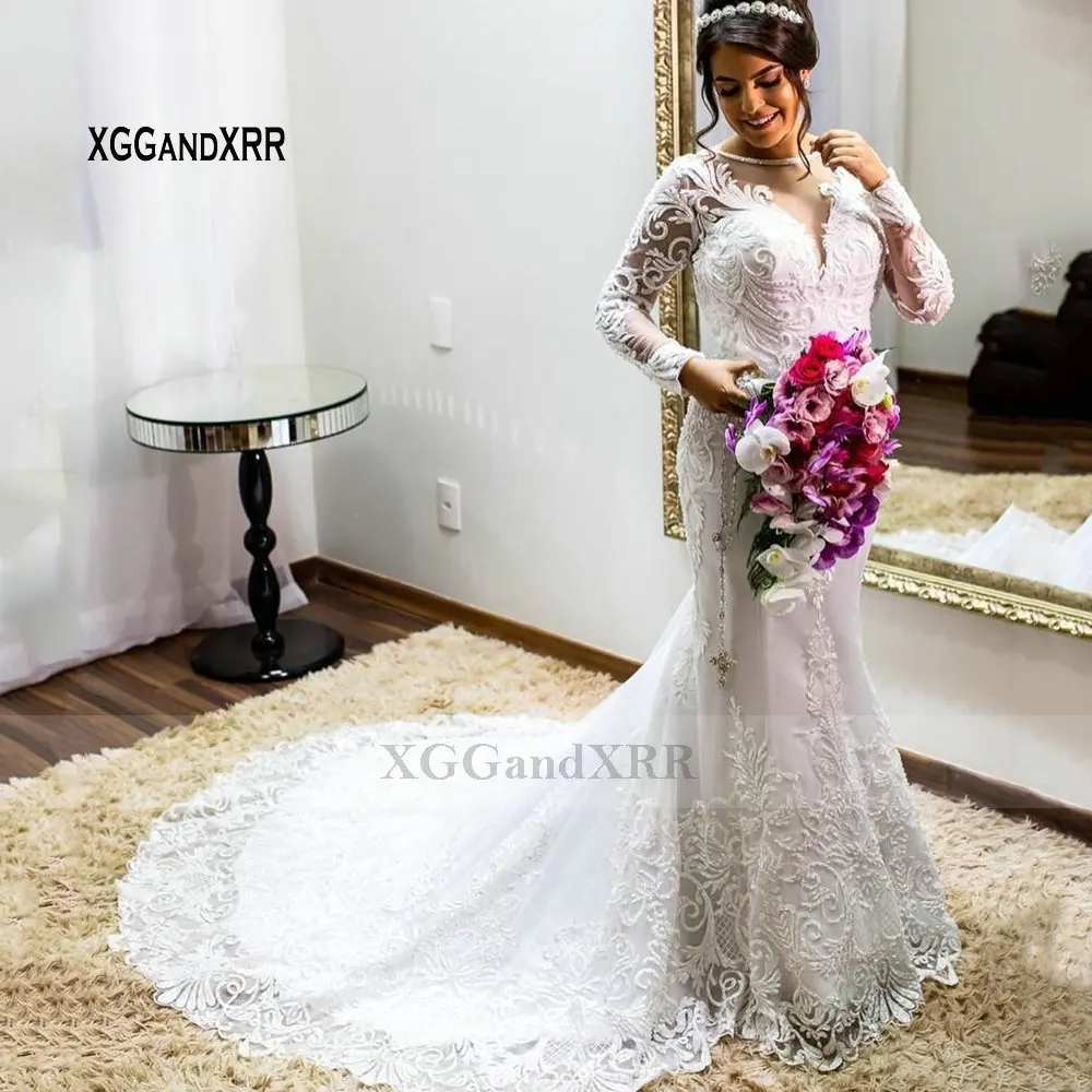 

Женское свадебное платье с юбкой годе, элегантное кружевное платье с длинными рукавами и аппликацией из бисера, открытой спиной и шнуровкой...