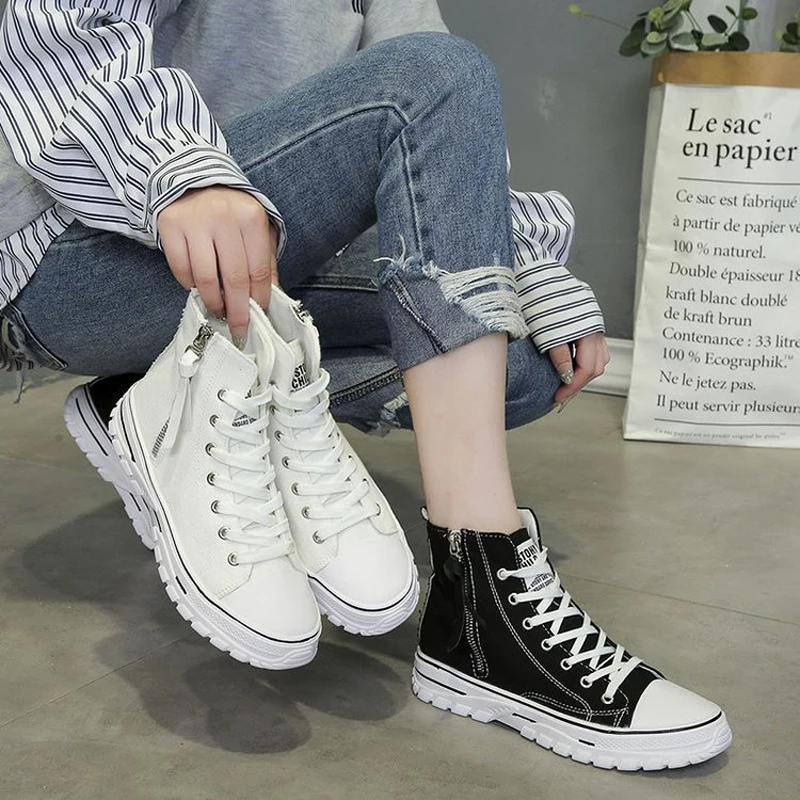 

Korea Canvas Shoes Woman White Lace-Up Rubber Woman Zipper Leisure Shoe Fashion Flat Platform High Shoes Ladies Zapatilla Mujer