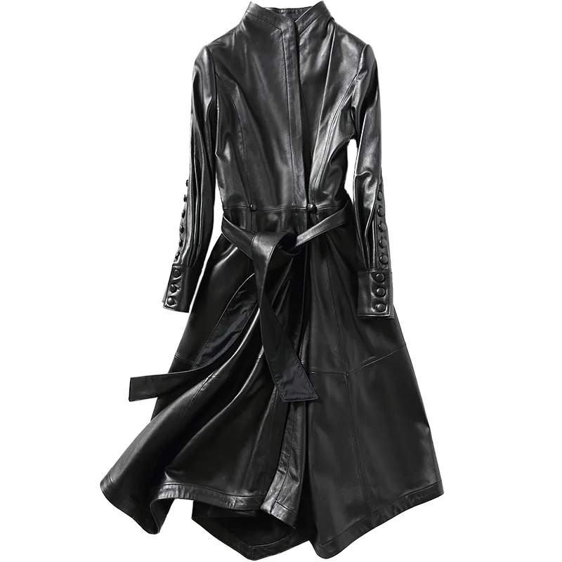 Женская Длинная кожаная куртка из овечьей кожи с регулируемой талией большие