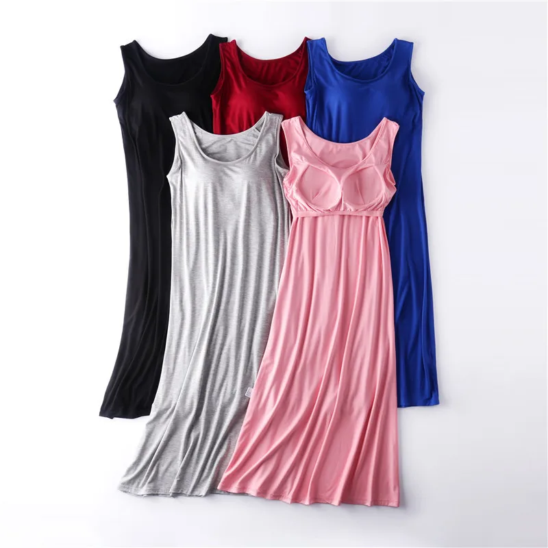 

Женская пижама с круглым вырезом, летняя Однотонная ночная рубашка из модала на бретельках, мягкая ночная рубашка с бюстгальтером, одежда д...