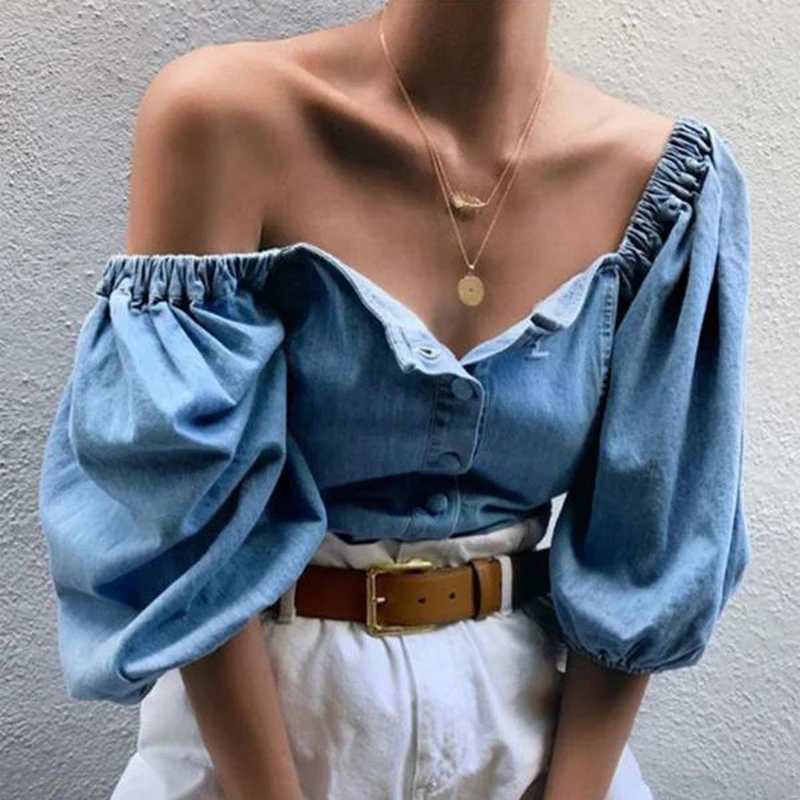 Женские джинсовые рубашки с открытыми плечами Однотонные блузки рукавами