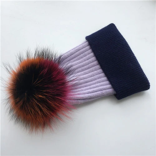 Purple-navy C Зимняя шапка, модная шапка с натуральным мехом, женские шапки с помпоном, кашемировый шерстяной вязаный берет, меховая шапка с помпоном, шапка с большим мехом енота - Цвет: Purple-navy C