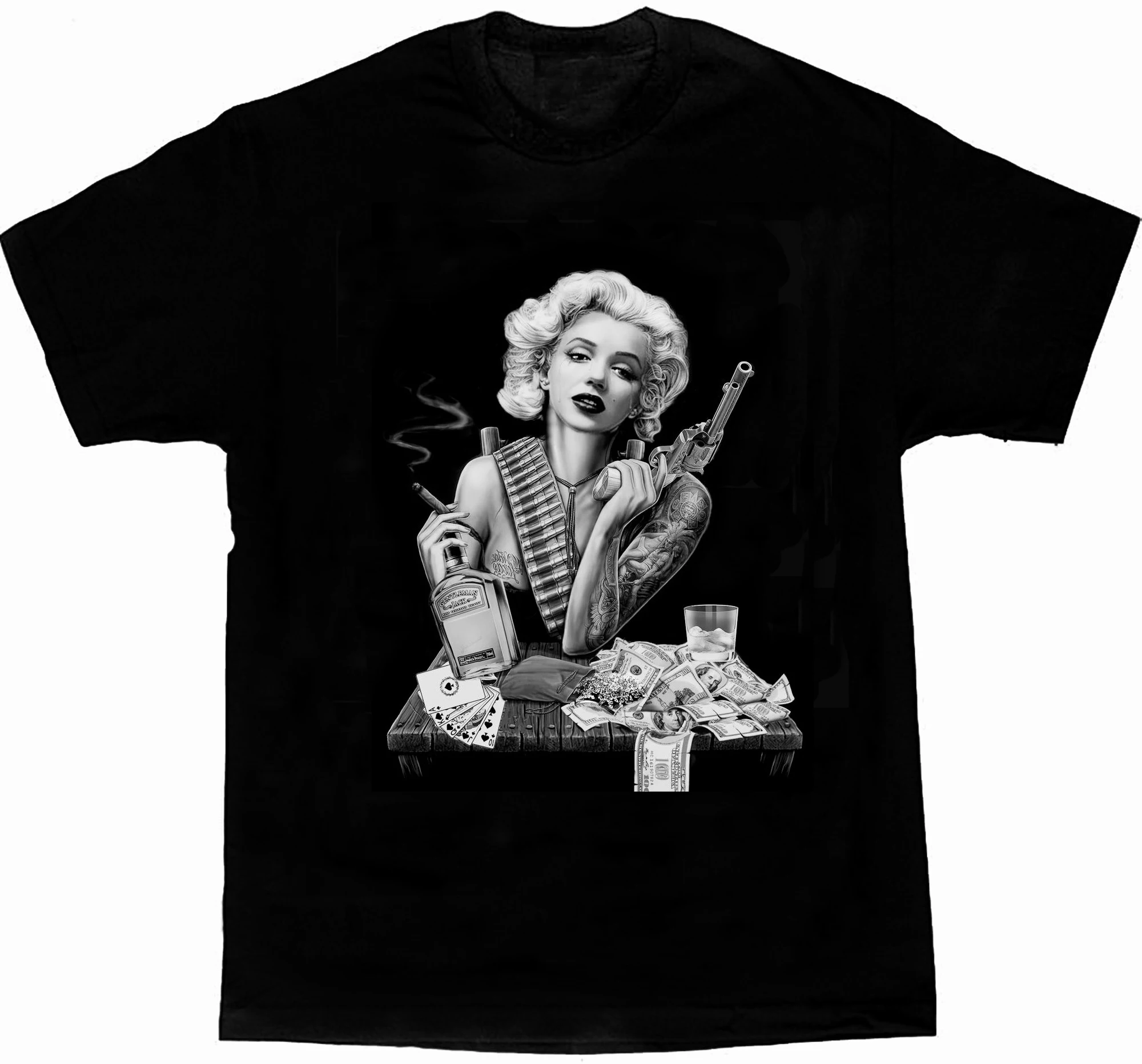 

Футболка с принтом Мэрилин Монро, Бандитский плакат с сексуальными татуировками и монетами Летняя хлопковая Футболка короткий рукав с круг...