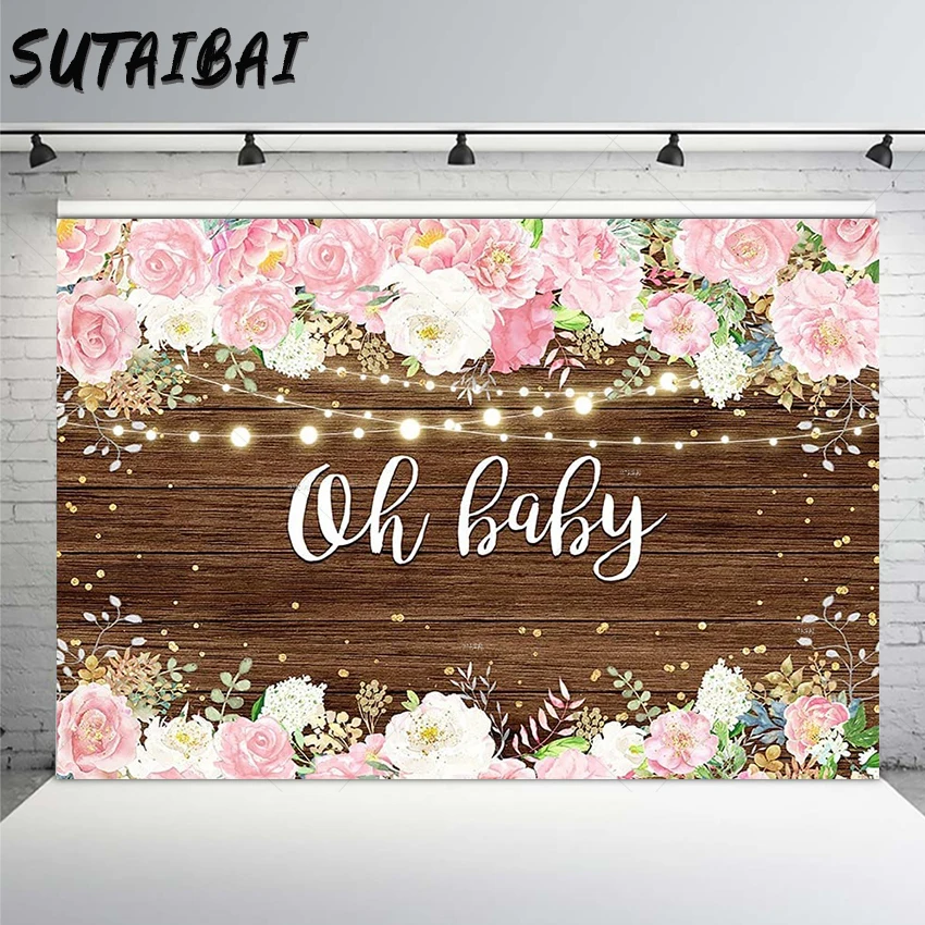 

Rustic Wood Baby Shower Backdrop Pink Floral Wooden Oh Baby Shower Decoration for Girl Newborn Vintage Photography Background