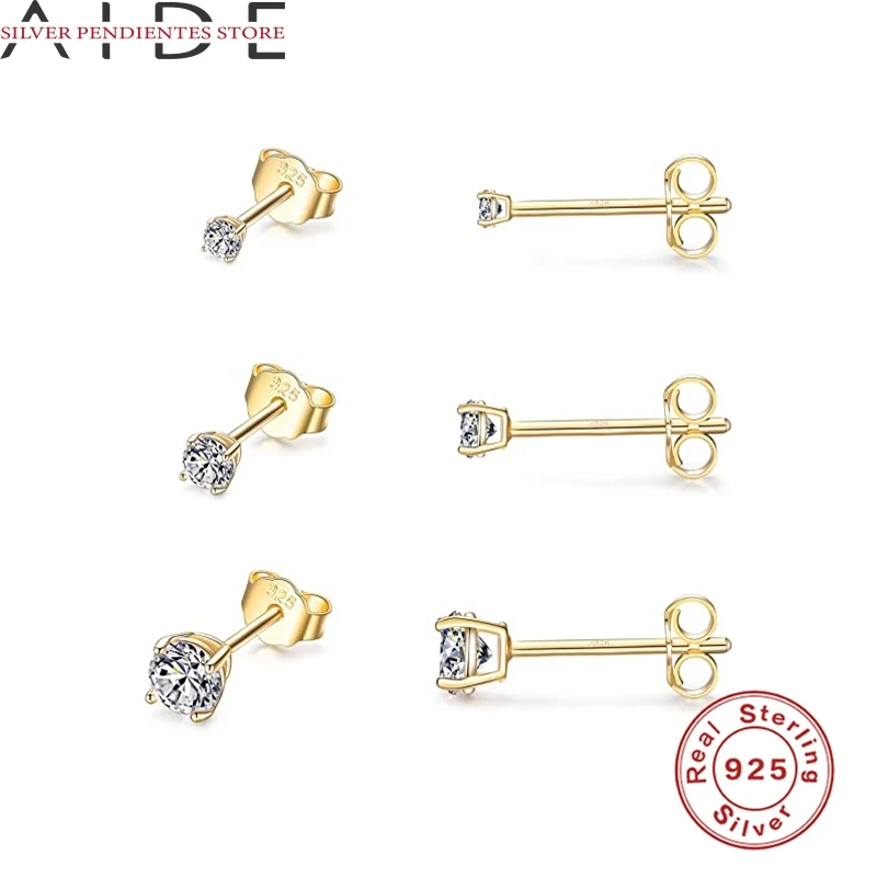 AIDE-pendientes de plata esterlina 925 para mujer, aretes pequeños de 3 piezas con diamantes, conjunto de joyería fina de oro, 2/3/4mm