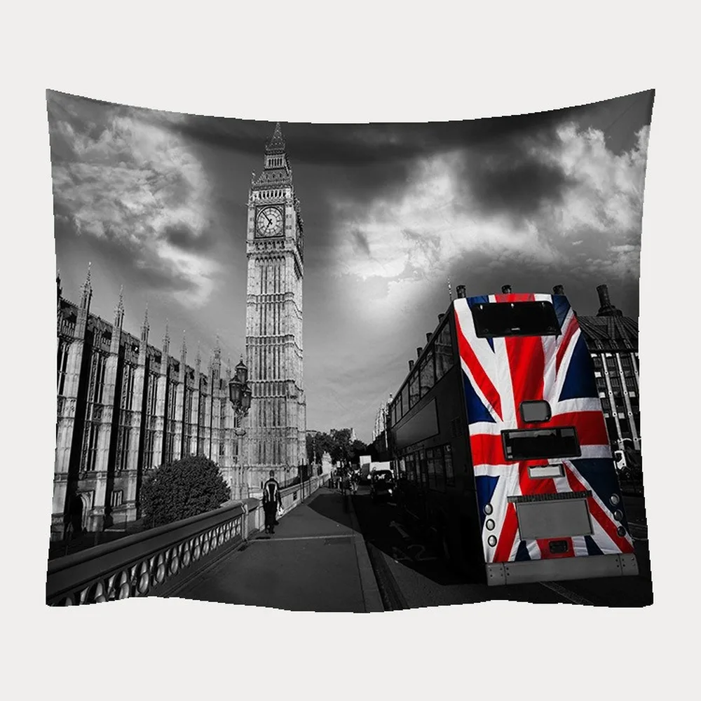 

London Street View Tapestry Wall Fabric Industrial Revolution Red Bus Telephone Booth Wall Cloth Carpet Blanket Grey Background