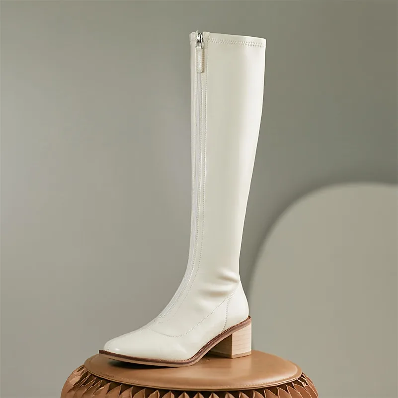 

Meotina Knee High Boots Women Shoes Round Toe High Heel Long Boots Zipper Chunky Heels Female Boots Autumn Winter Beige 33-40