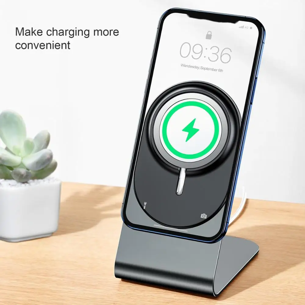 

Phone Charger Holder Aluminium Alloy Bracket For IPhone 12mini 12 Pro Max Rotation Magnetic Wireless Fast Charging Stand