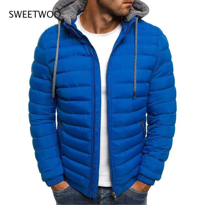 Winter Cotton Men's Down Jacket Hooded Long Sleeve Cardigan Zipper Pockets Solid Thick Fashion Casual Down Jacket