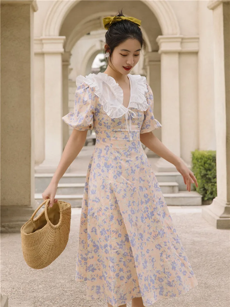 

Japan Fashion Print Floral Midi Dress Women Summer Peter Pan Collar Collar Ruffles Puff Sleeve Elegant Streetwear For Slim Lady