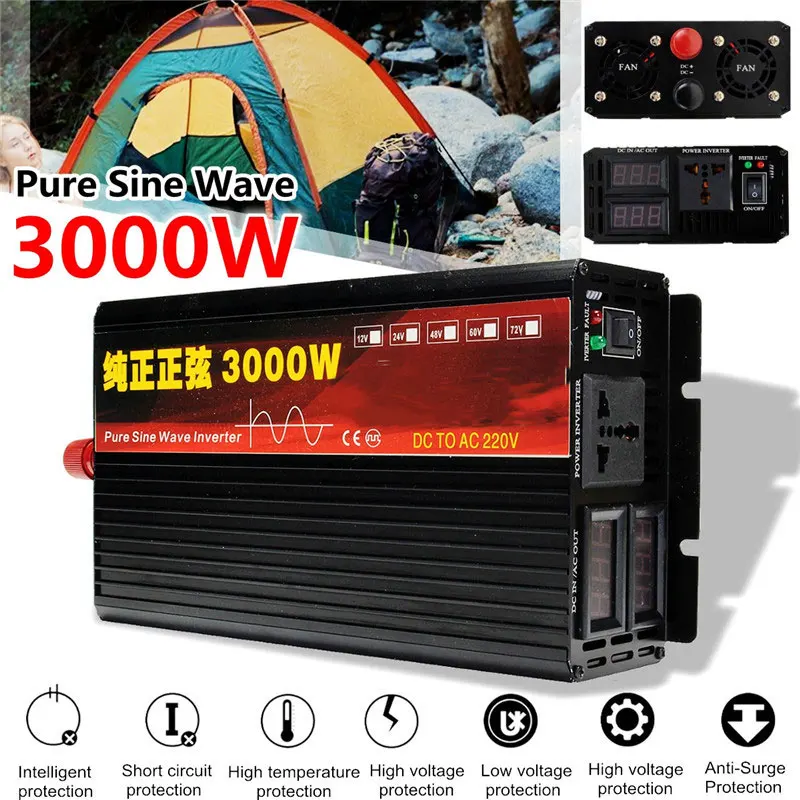 

Inverter 12V/24V 220V 2000/3000/4000W Voltage transformer Pure Sine Wave Power Inverter DC12V to AC 220V Converter+2 LED Display