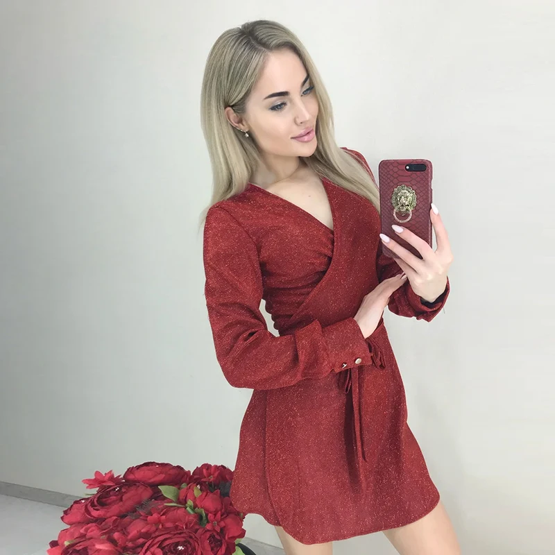 Для женщин пояса блестящий сексуальное платье с v образным вырезом вечерние