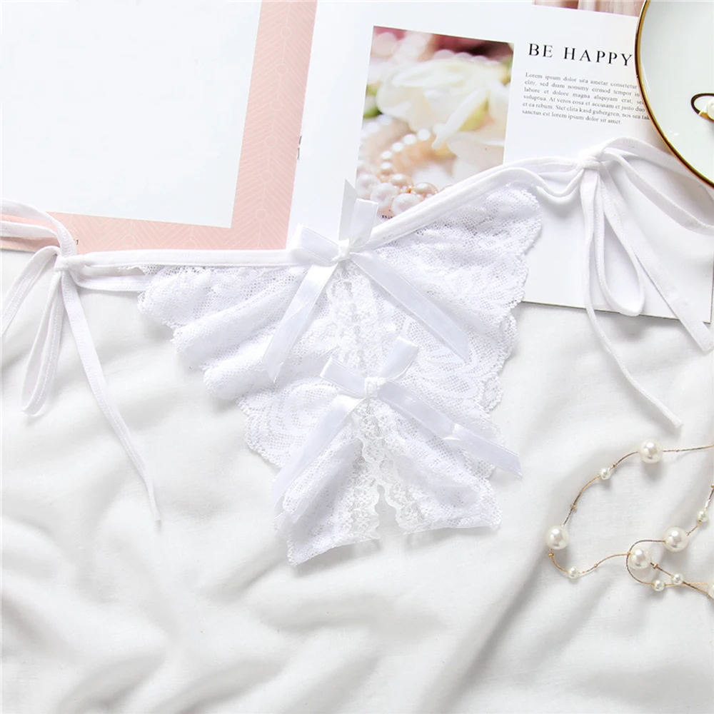 Женские сексуальные стринги кружевные с бантом открытой промежностью трусики