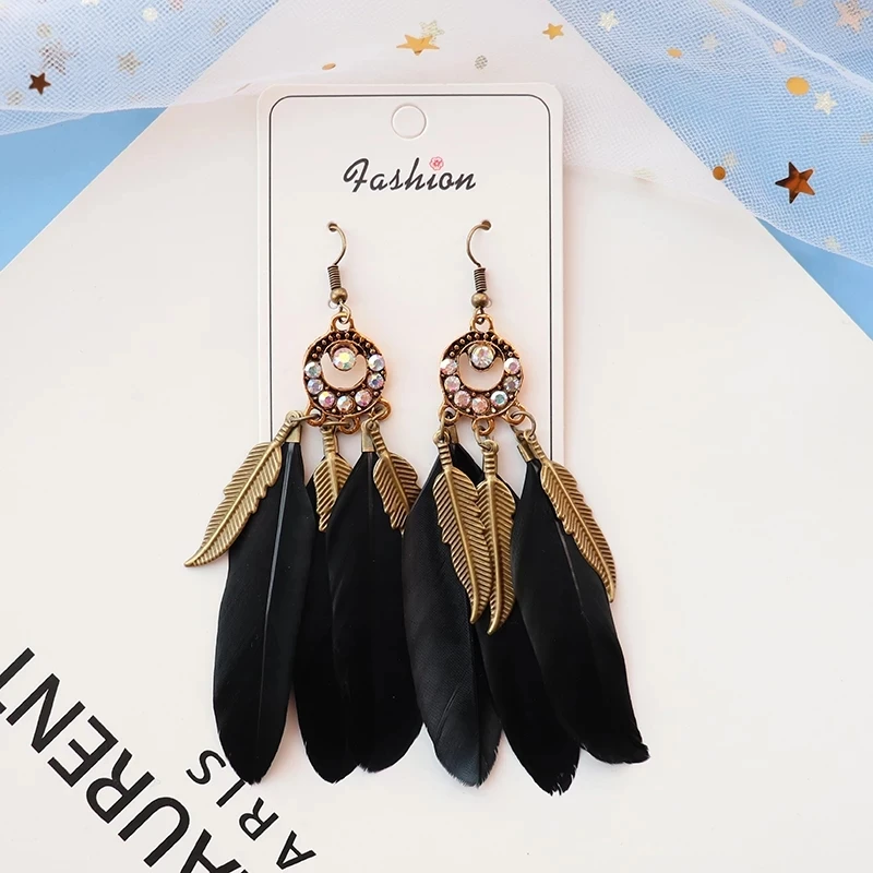 Винтажный этнический богемный висячие серьги с листьями и перьями белые